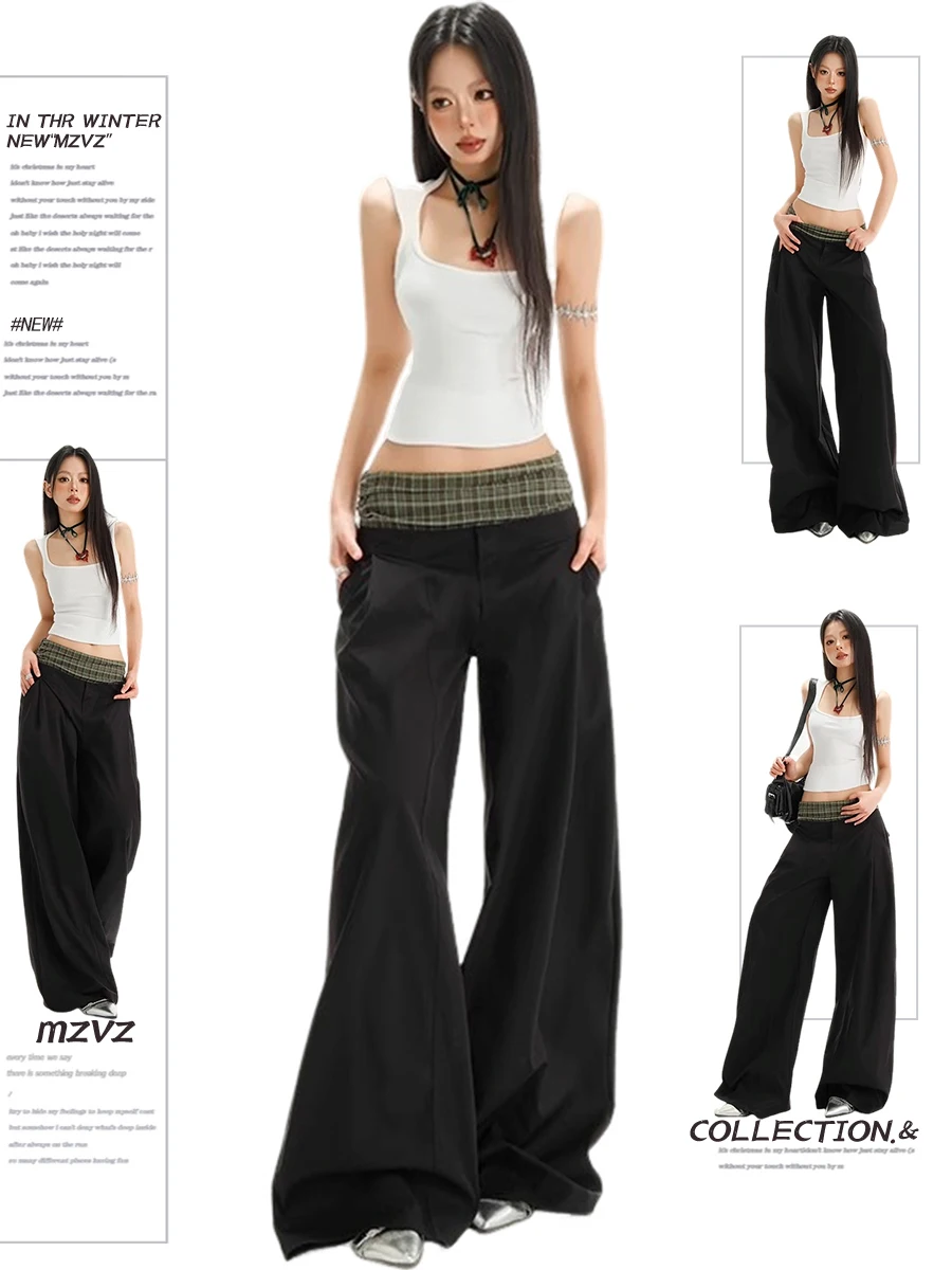 2025 Autumn Winter Women Korean Vintage High Street Plaid Patchwork Pants Abi Y2k Baggy Long Trousers Harajuku 2000s New In