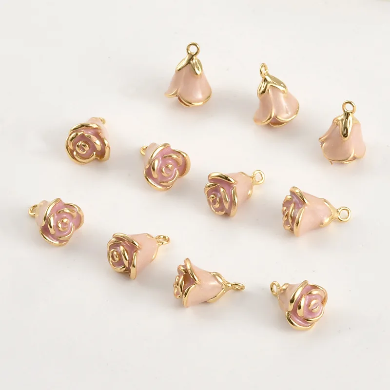 14K Real Gold Color Cherry Blossom Powder Rose Bud Oil Drop Pendant DIY Handmade Bracelet Necklace Earrings Accessories