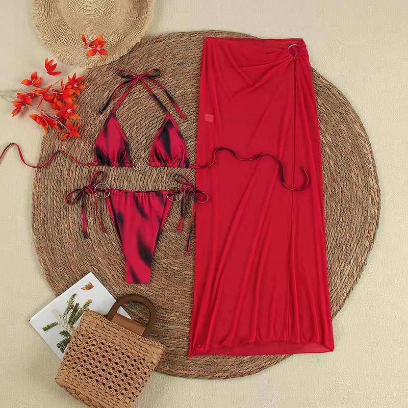 Costume da bagno micro bikini a 3 pezzi con stampa sfumata Costume da bagno donna sexy con lacci a triangolo Gonna lunga 2025 Nuovo set bikini da spiaggia