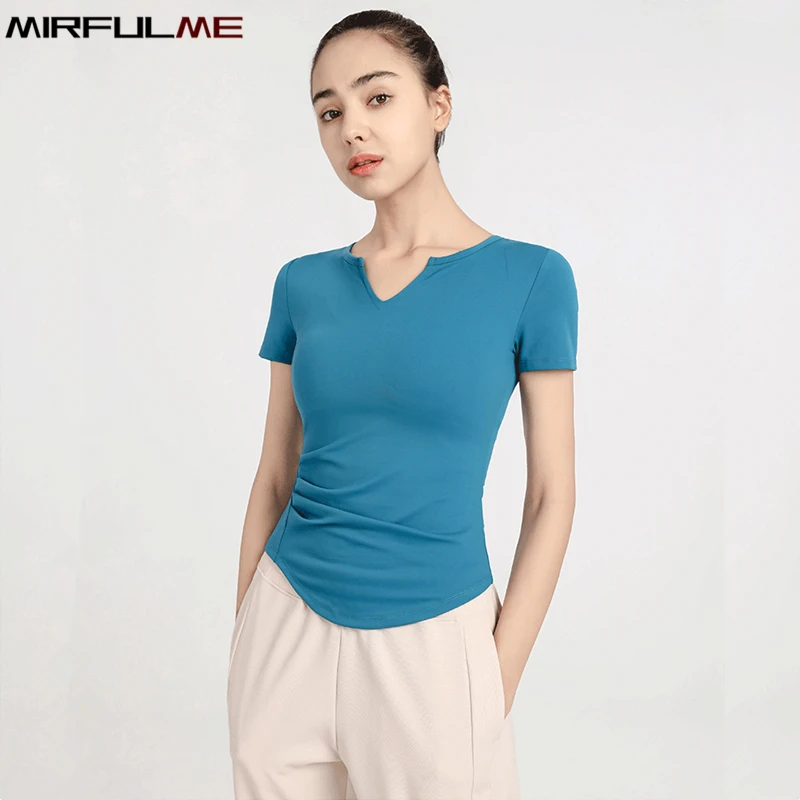 

Summer Women Fold Yoga Shirts V-Neck Short Sleeves Sport T-Shirt Quick Dry Slim Running Shirt Girls Gym Workout Top Blouse Femme