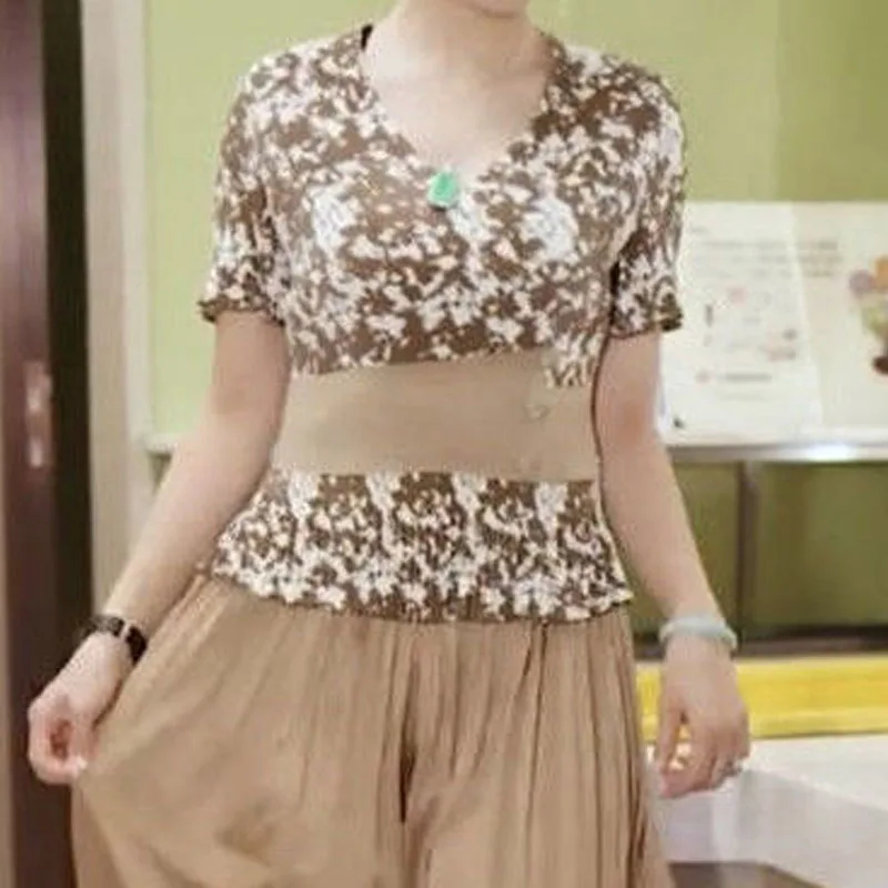 Elegant Fashion Women\'s Printed Wide Leg Pant Sets Summer Female Clothing Vintage V-Neck Spliced T-shirt Casual Two Piece Set