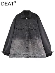 DEAT Women's Denim Coats Loose Washed Gradient Black Long Sleeve Rhinestone Diamonds Jackets 2024 Autumn New Fashion 11A0615