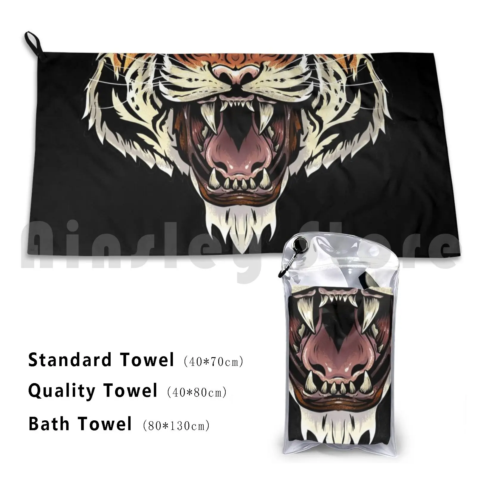 Tiger Bath Towel Beach Cushion Tiger Tattoo Tribal Orange Stripes Stippling Fierce Powerful Teeth Mouth Scary
