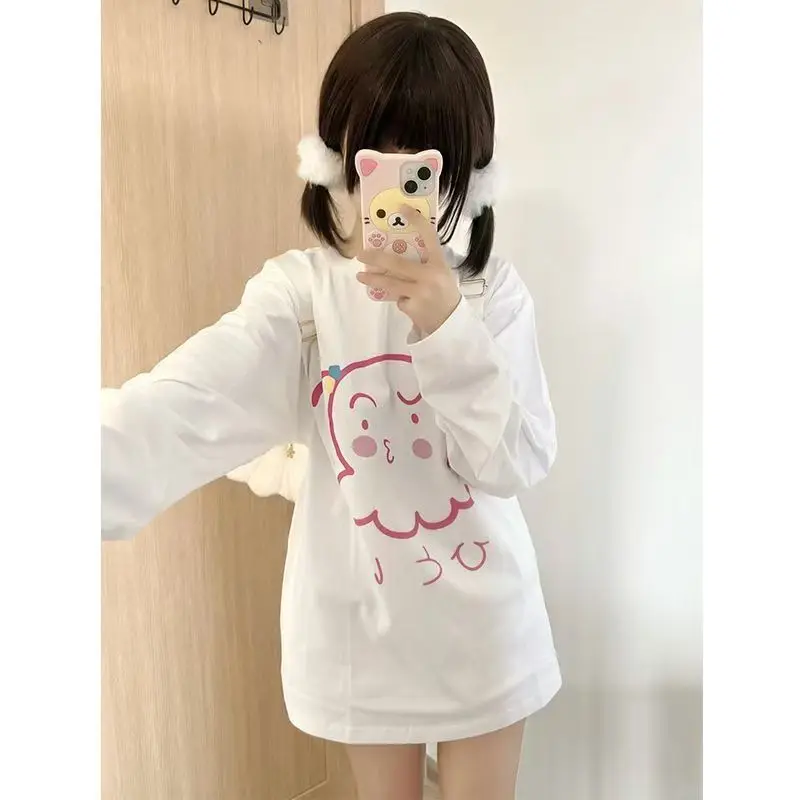 

Japanese Kawaii cartoon print T-shirt white loose long-sleeve Tshirt ladies preppy design Tees ladies cute casual all match tops