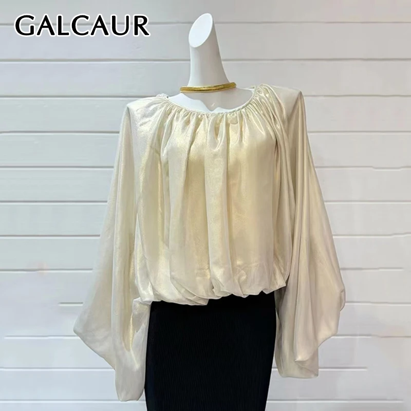 

GALCAUR Solid Vintage Formal Shirts For Women O Neck Flare Sleeve Patchwork Folds Elegant Autumn Loose Blouse Female Clothes New