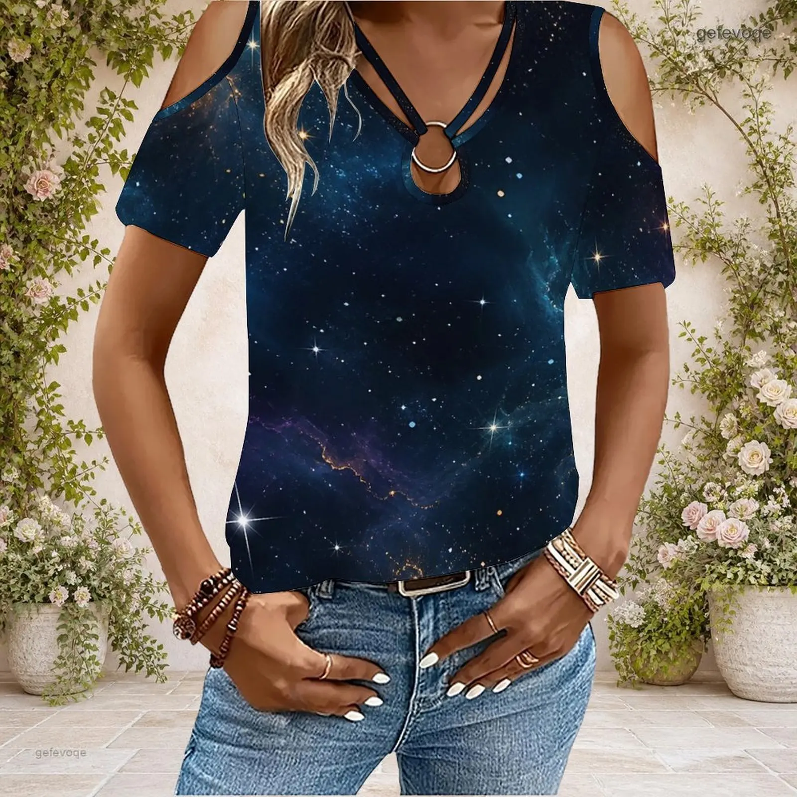 Women Cold Shoulder Short Sleeve T Shirt V Neck O Ring Keyhole Cutout Loose Casual Top Custom Print Ladies Daily Blouse - view 5