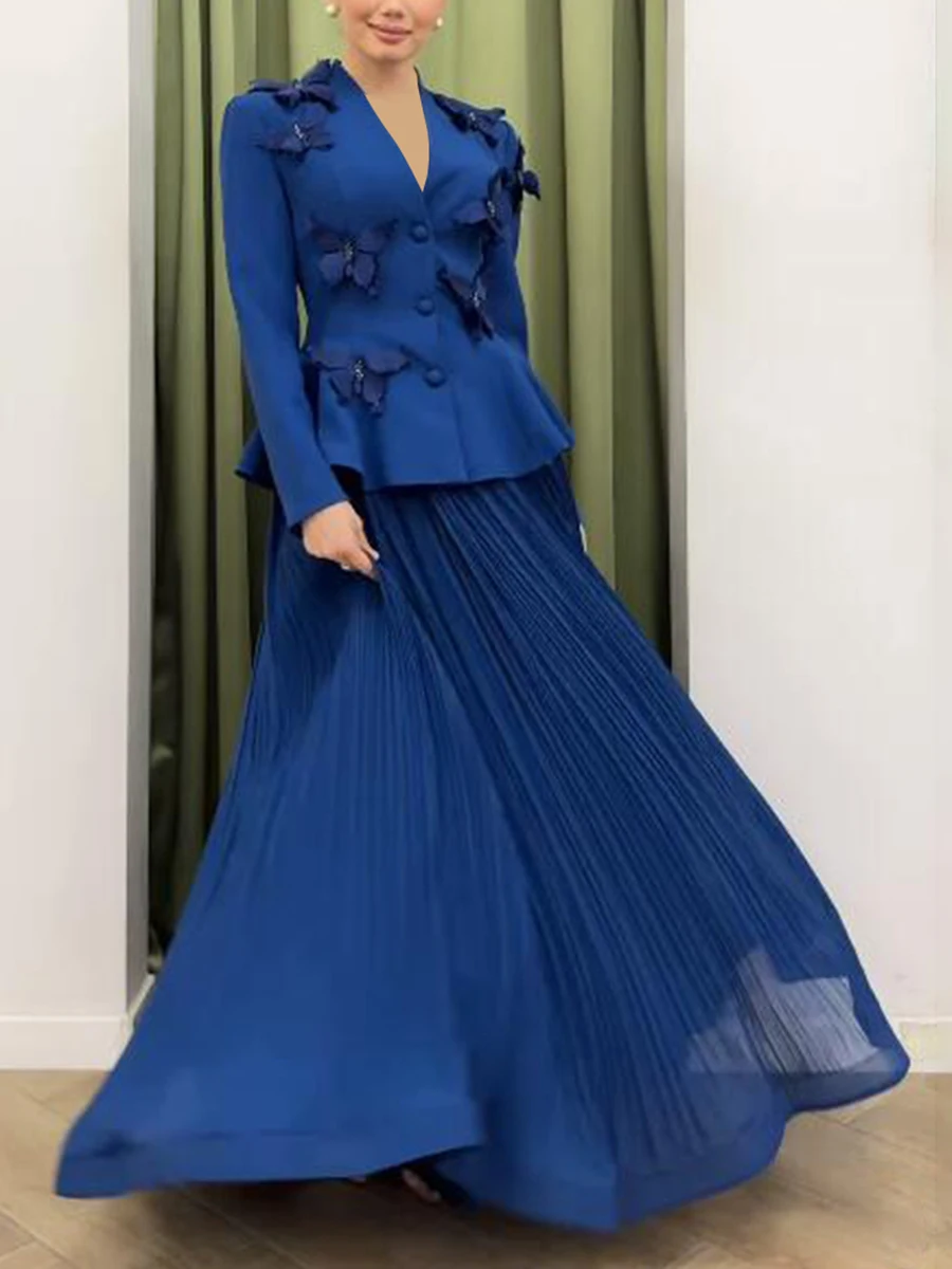 TWOTWINSTYLE Elegant Two Piece Sets For Women V Neck Long Sleeve Tunic Designer Coat High Waist Pleated Skirt Formal Set Female