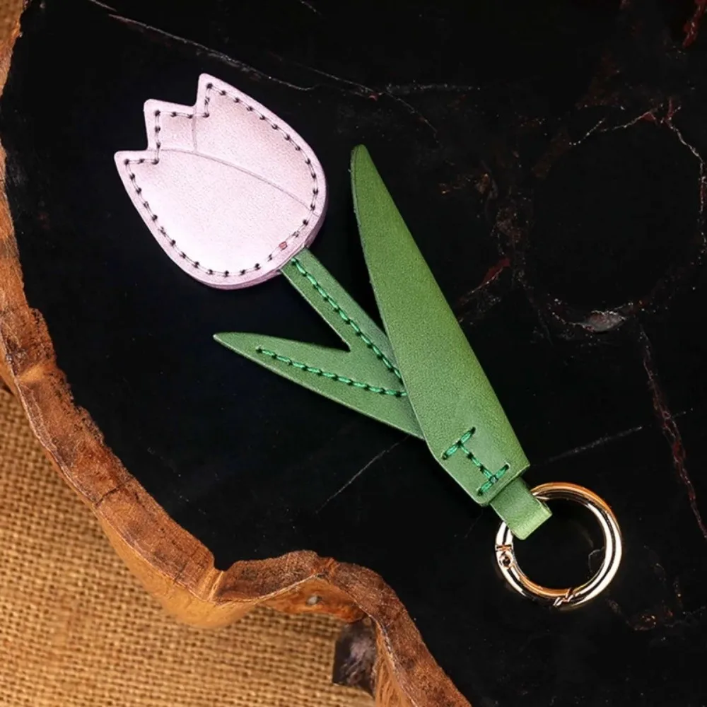 Sweet PU Leather Tulip Keychain Portable Multi-color Car Keychain Charm Lanyard Bag Pendant Gifts