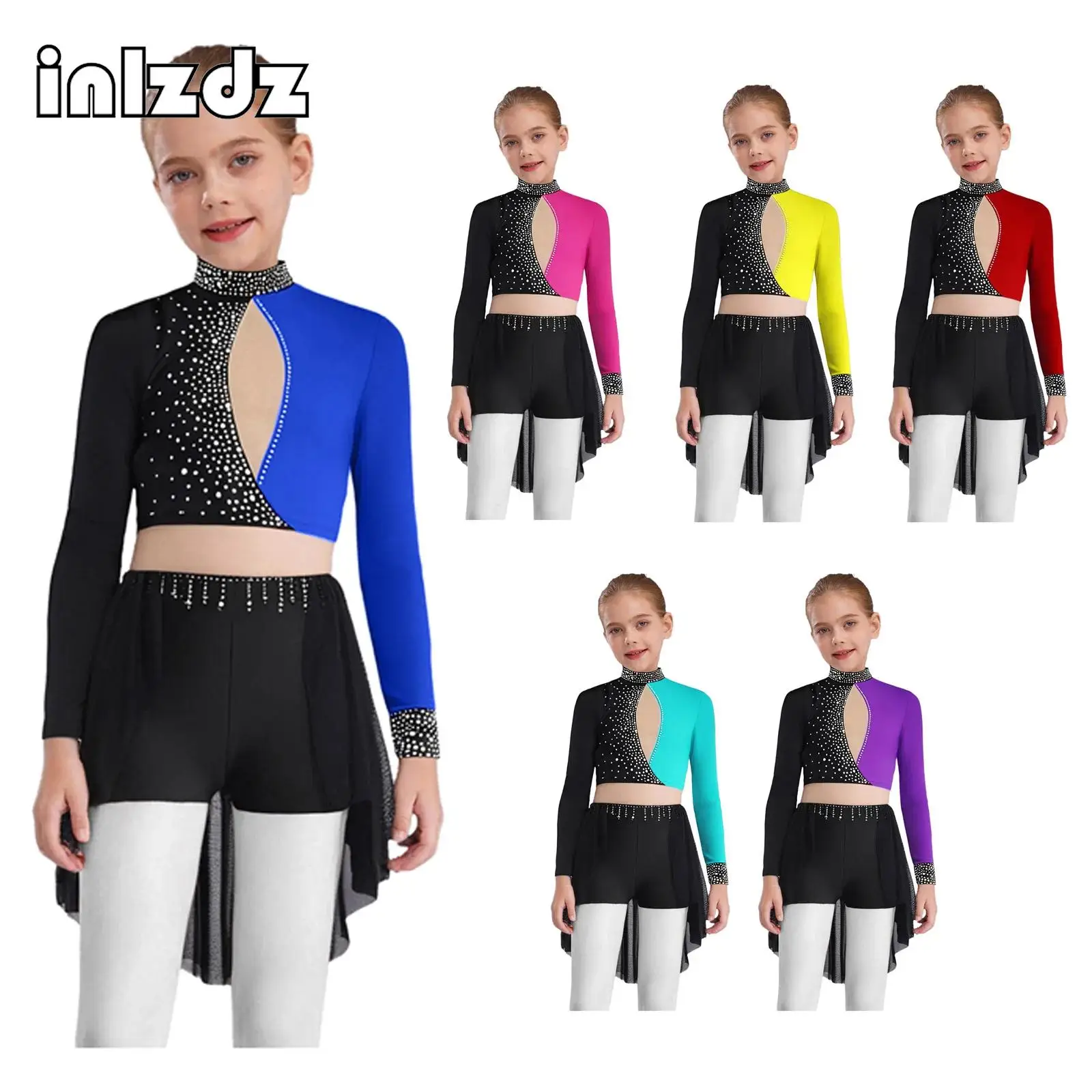 

Kids Girls Lyrical Dance Costume Set Mock Neck Long Sleeve Keyhole Back Color Block Sparkly Rhinestones Crop Top with Skirt