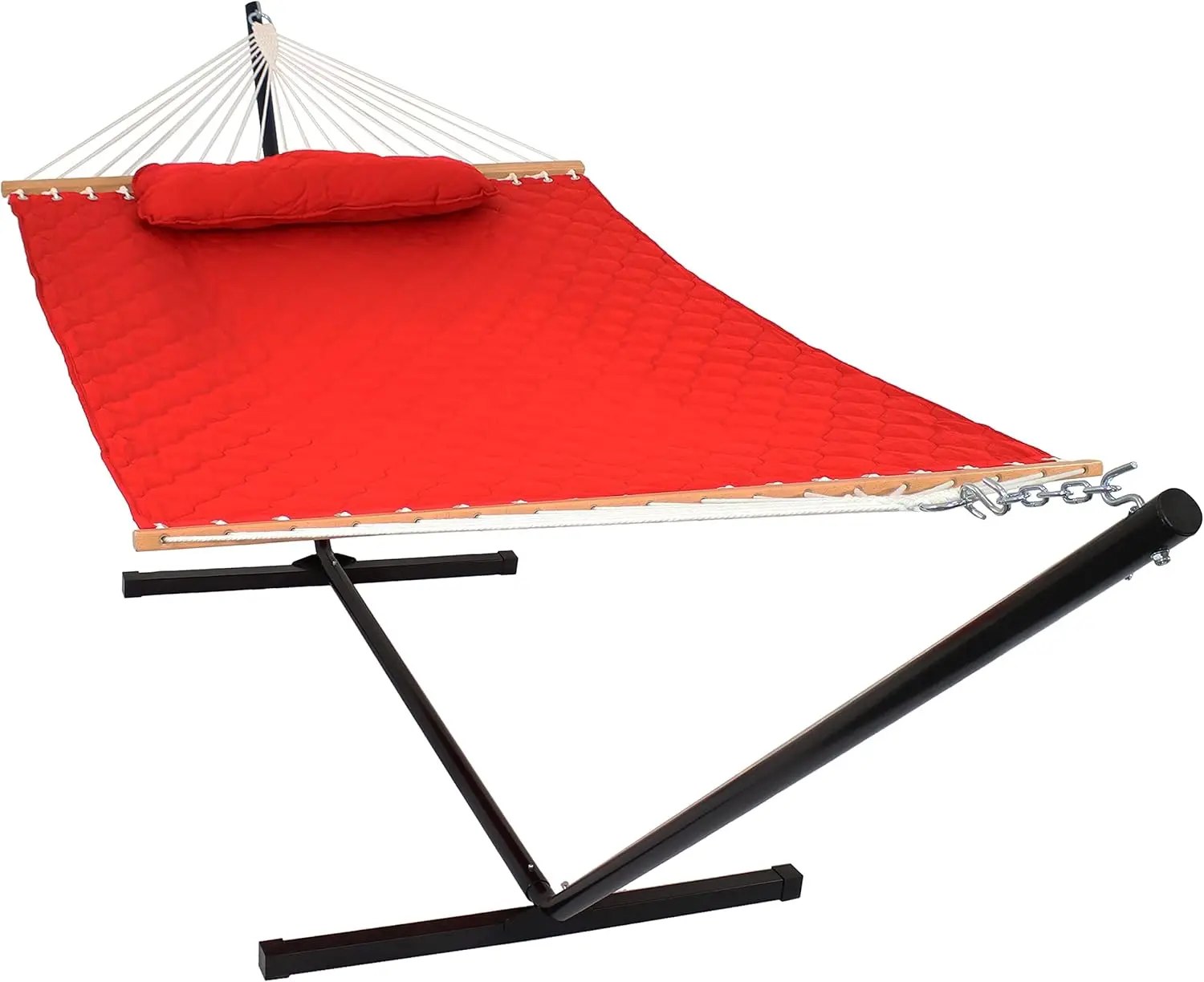 Quilted Fabric Double Hammock with 12-Foot Stand - 400-Pound Capacity - Black Stand - Red