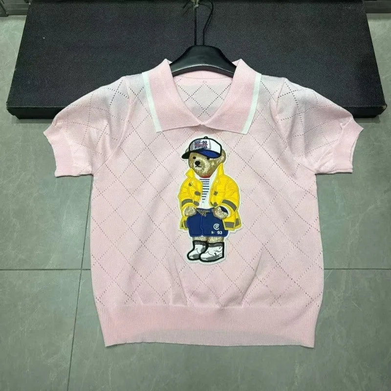 Embroidered Bear Knit Pullover Short-sleeve Tee Shirt Crew Neck Valentine Gift 202604