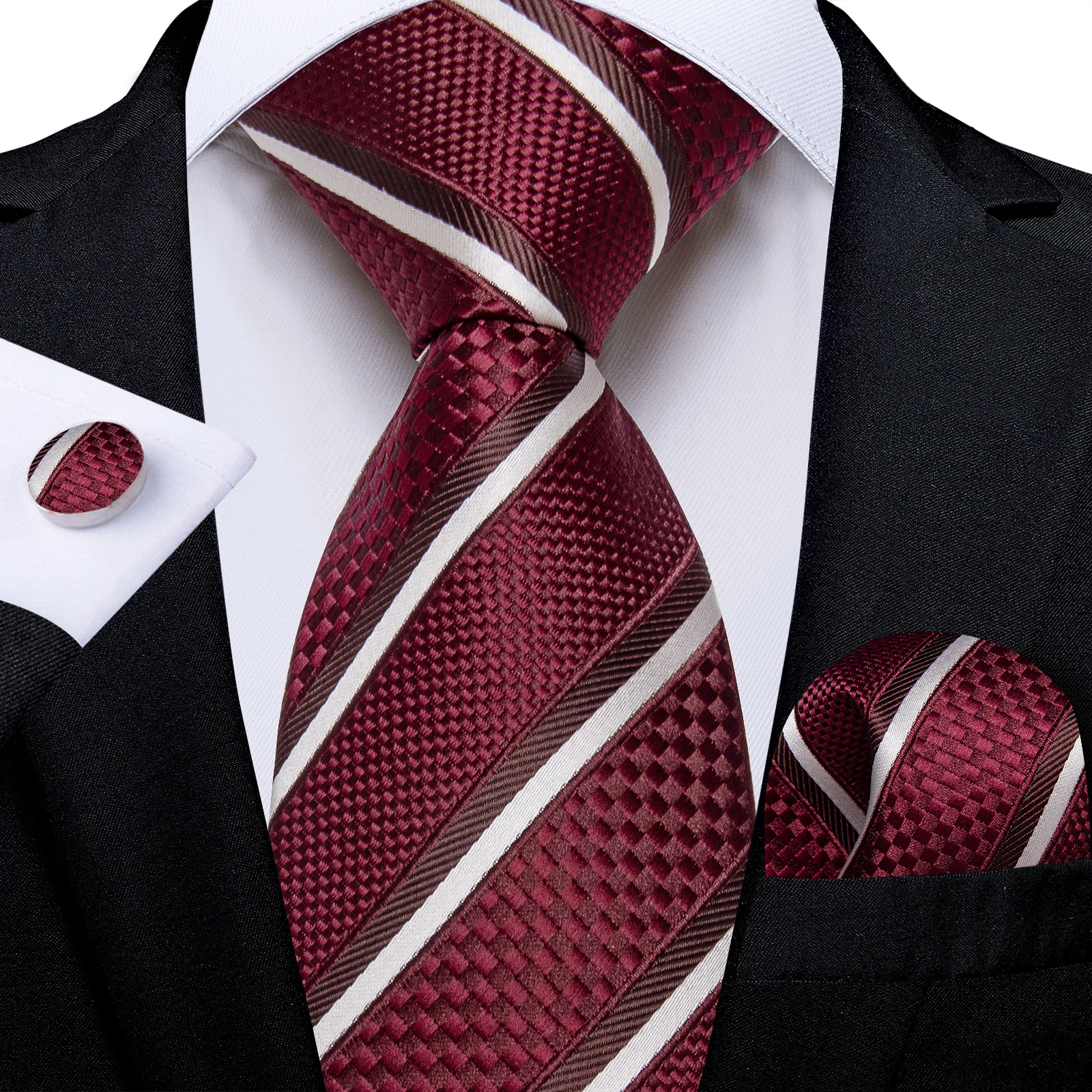 럭셔리 남성용 타이 자카드 스트라이프 넥타이 포켓 스퀘어 커프스 세트 레드 네이비 블루 핑크 남성 결혼식 비즈니스 파티 선물