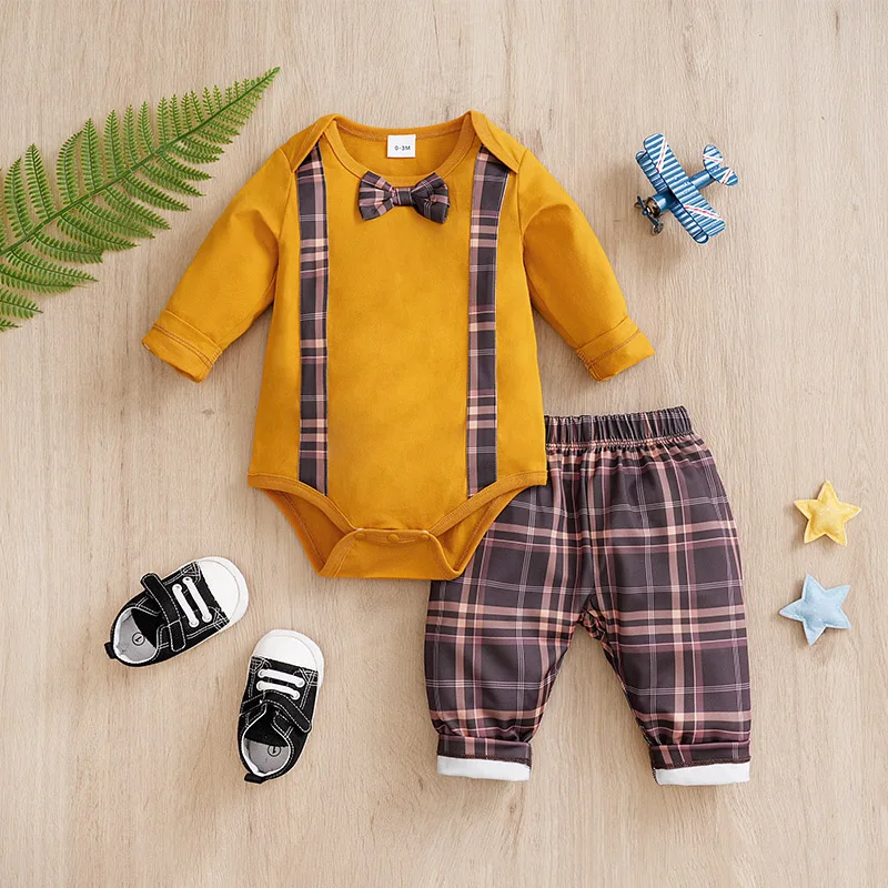 Solid color jacket+Plaid printed pants long sleeve cotton fashion set，0-18 months Newborn Baby boy Spring and Autumn Round Neck