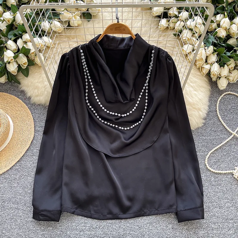 

Элегантная атласная блузка с длинными рукавами и воротником-стойкой из бисера в зрелом стиле, женская осень 2024, новая модная французская рубашка