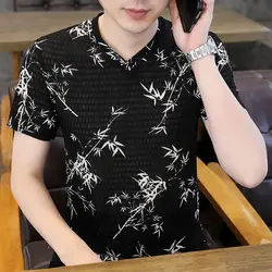 2024 Korean Summer New V-neck Printed Ice Silk Quick Drying Men's Fashion Versatile Casual Short Sleeve Slim Fit T-shirt Tops