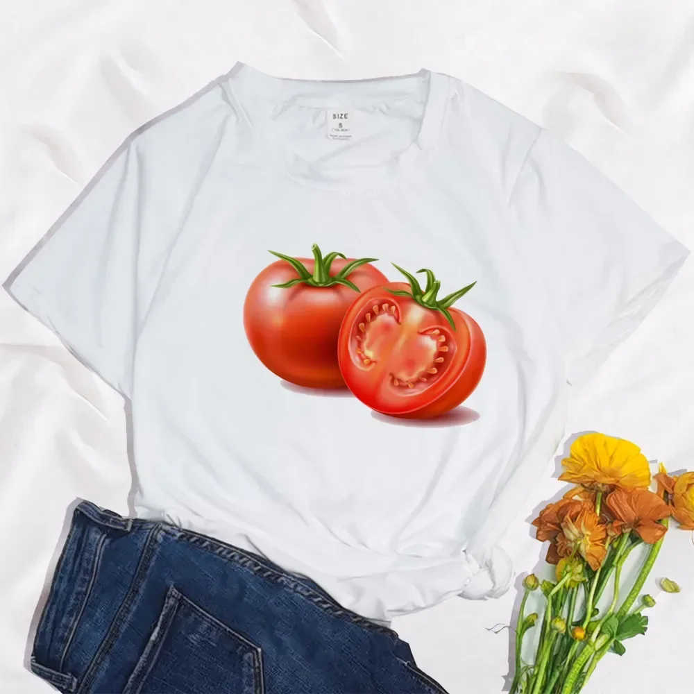 

Women Summer Women T-shirts Tops Base O-neck White Tee short slever Girl Tomatoes Vegetables And Fruits Harajuku Print T Shirt