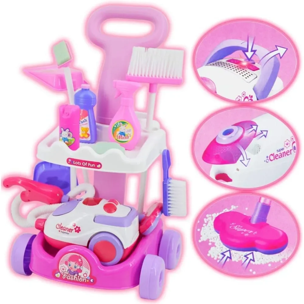 Carrello per la pulizia delle pulizie Playset Caddy include accessori e aspirapolvere giocattolo con suoni e luci Fai finta di giocare per le ragazze