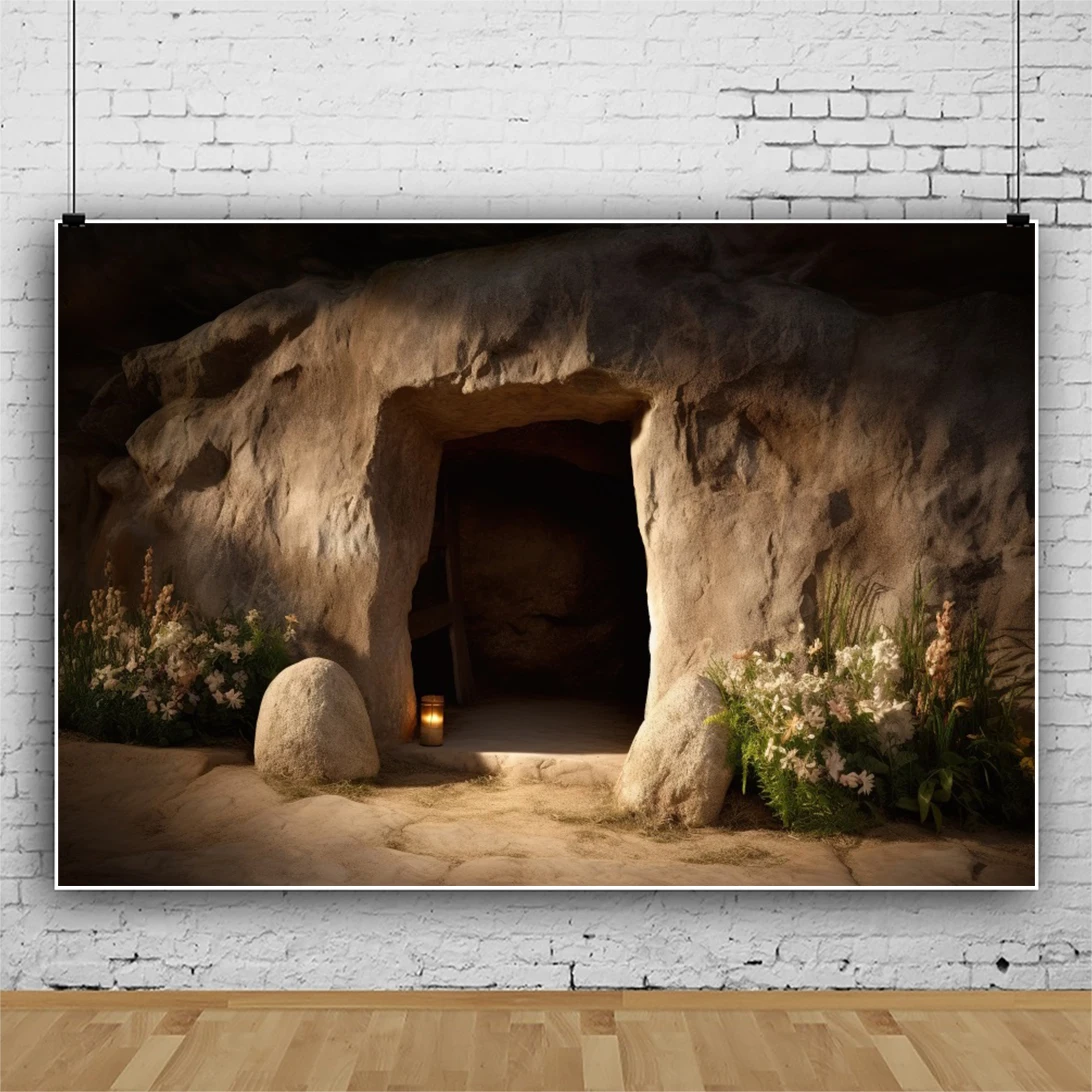 Laeacco Mysterious Ancient Cave Entrance Photography Backdrop Stone Room Flowers Easter Party Kids Adults Portrait Background