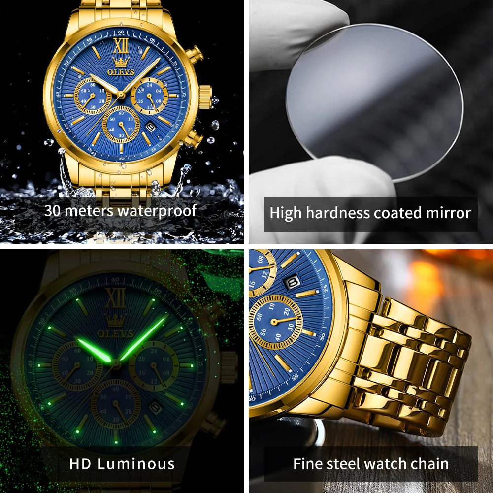 OLEVS Men's Watches Classics Three Small Dials Original Quartz Watch for Man Waterproof Stainless Steel Luminous Fashion Trend