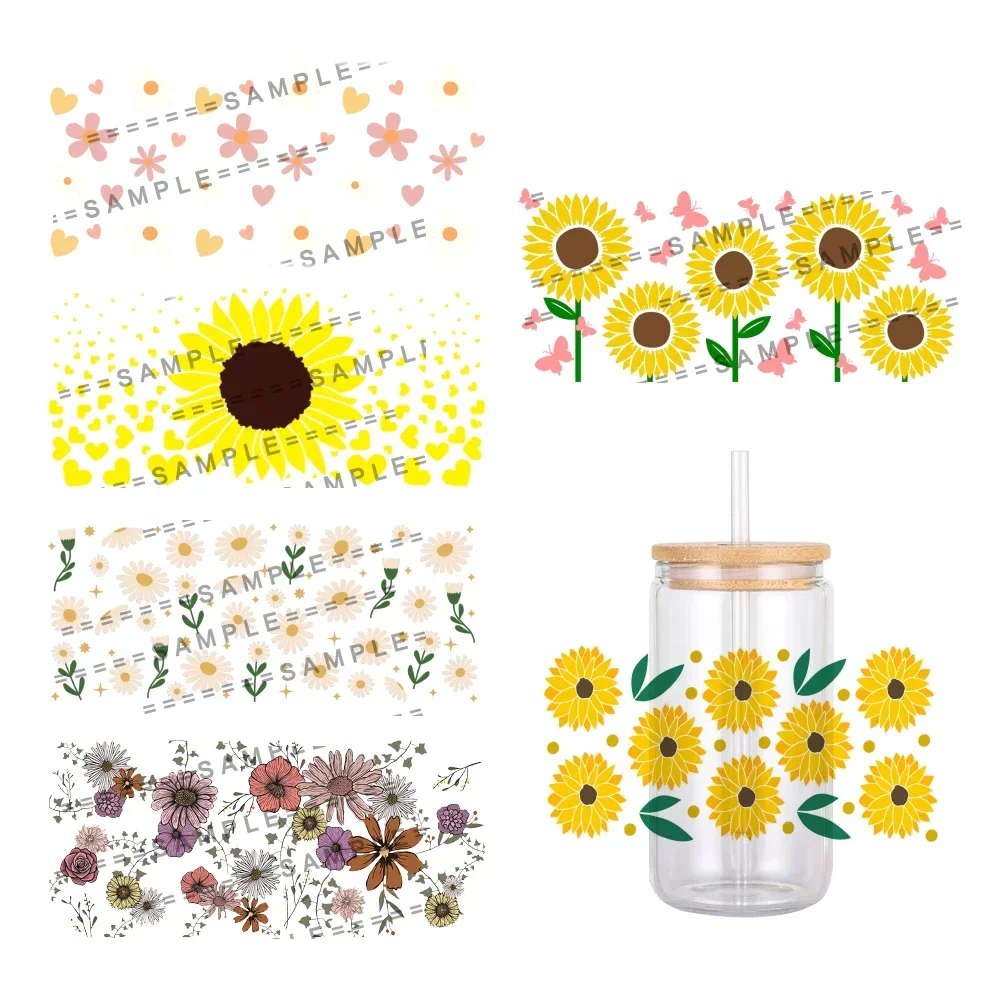 

Colorful Sunflower Pattern UV DTF Wraps Transfer Sticker DIY For 16oz Libbey Glass Cup Waterproof Wrap Transfers Decals Cup