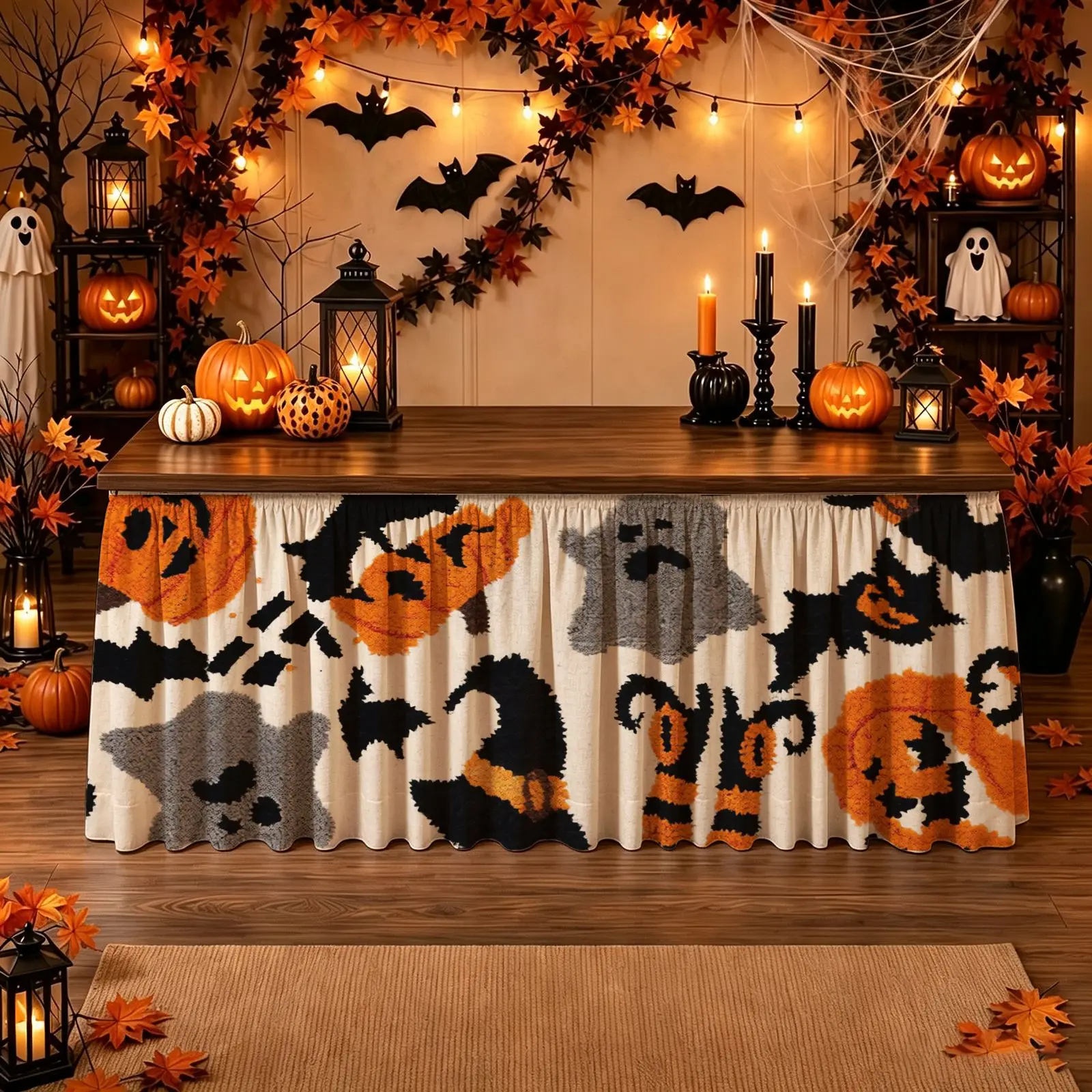 Halloween Christmas Party Tablecloth - 1 piece - Horror Pumpkin Bat Witch Hat Print - Orange and Black Fabric Decoration