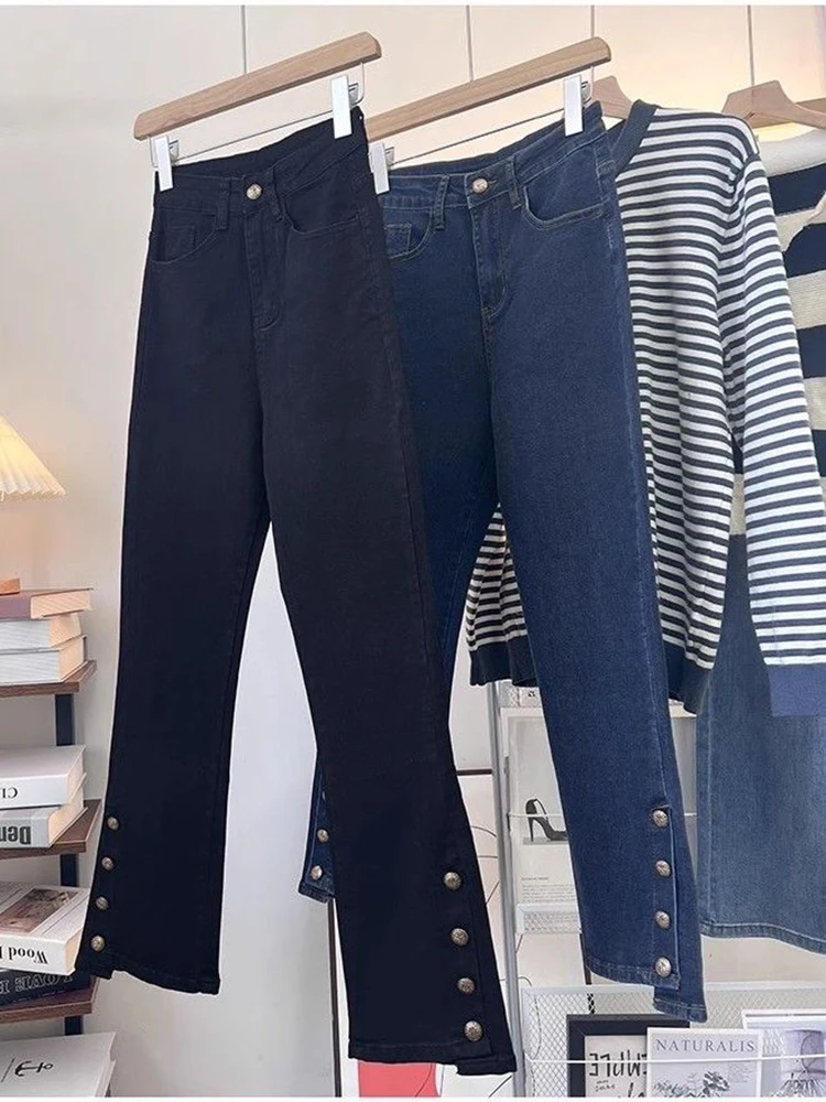 Irregular breasted pants female autumn new large size loose elastic high waist slim fashion design sense niche jeans.