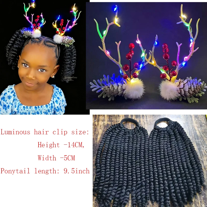 Children's Hairstyle Set - Kids Braid Ponytail Extension with Elastic + Led Light Antler Decor Hair Pins -   Festive Hairstyling