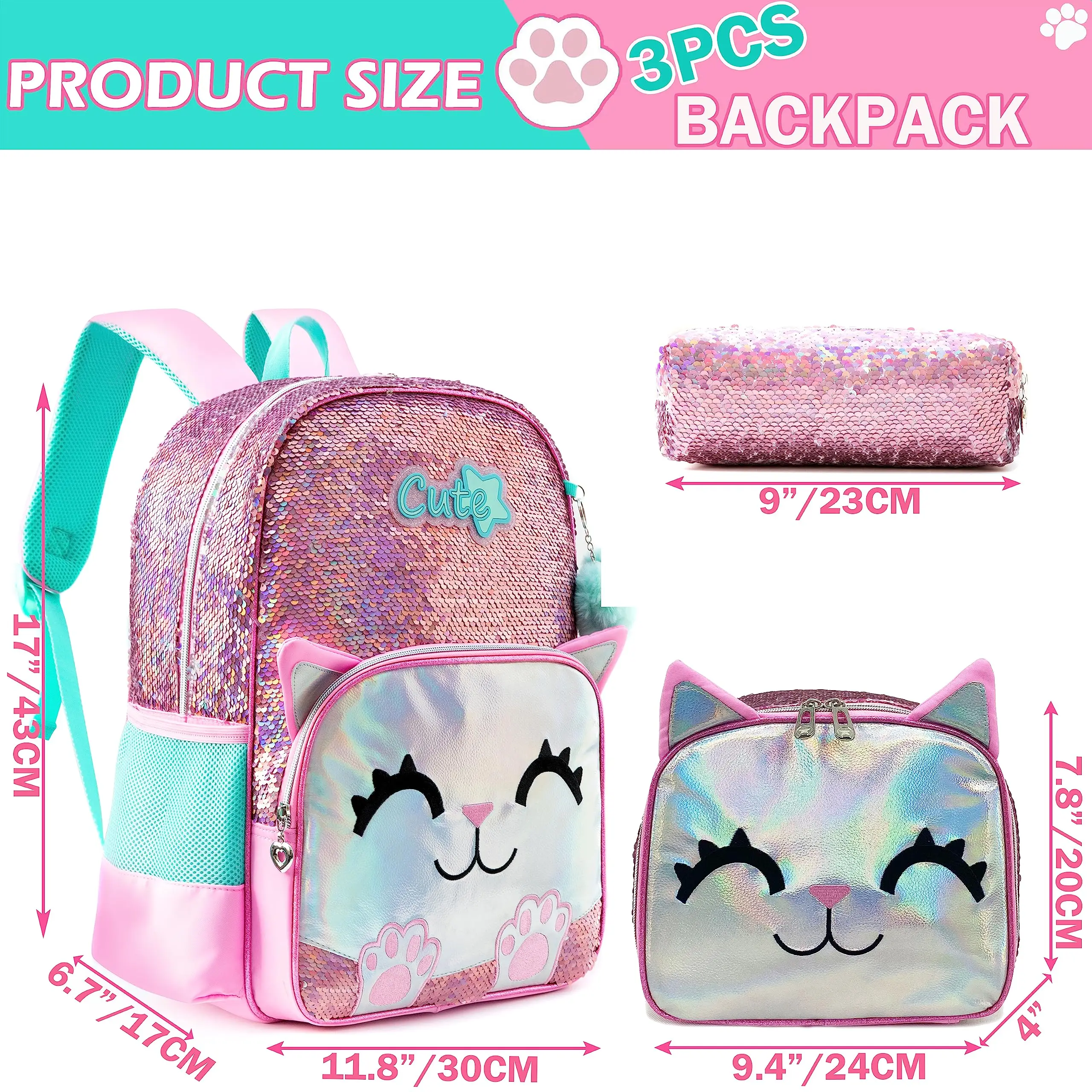 Meetbelify Backpack for Girls Schoolbag for Girls Sequin School Bookbag for Elementary Students Travel Bag with lunch box