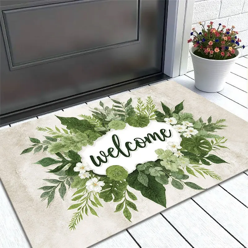 Welcome Spring Leaves Area Rug, Green Floral Botanical Outdoor Courtyard Non Slip Doormat, Washable Front Porch Entrance Carpet