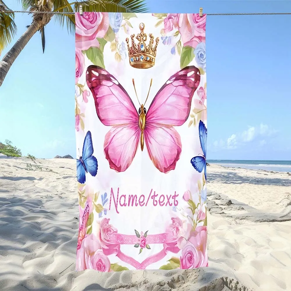 1pc Personalized Pink Butterfly Floral Crown Beach Towel Custom Name Soft Quick Dry Bath Towel For Summer Beach Vacation