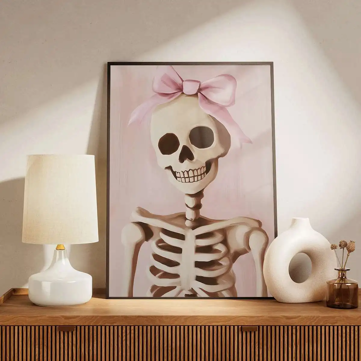 1pc 2D Flat Prints Skeleton with Pink Bow Art Posters Digital Art Style Wall Decor Unframed Canvas Printing Home Decoration H