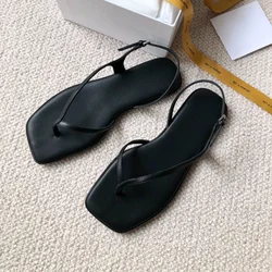 Real Leather Slippers Simple and Exquisite Sexy Thin Strap Thong Flat Sandals for Women