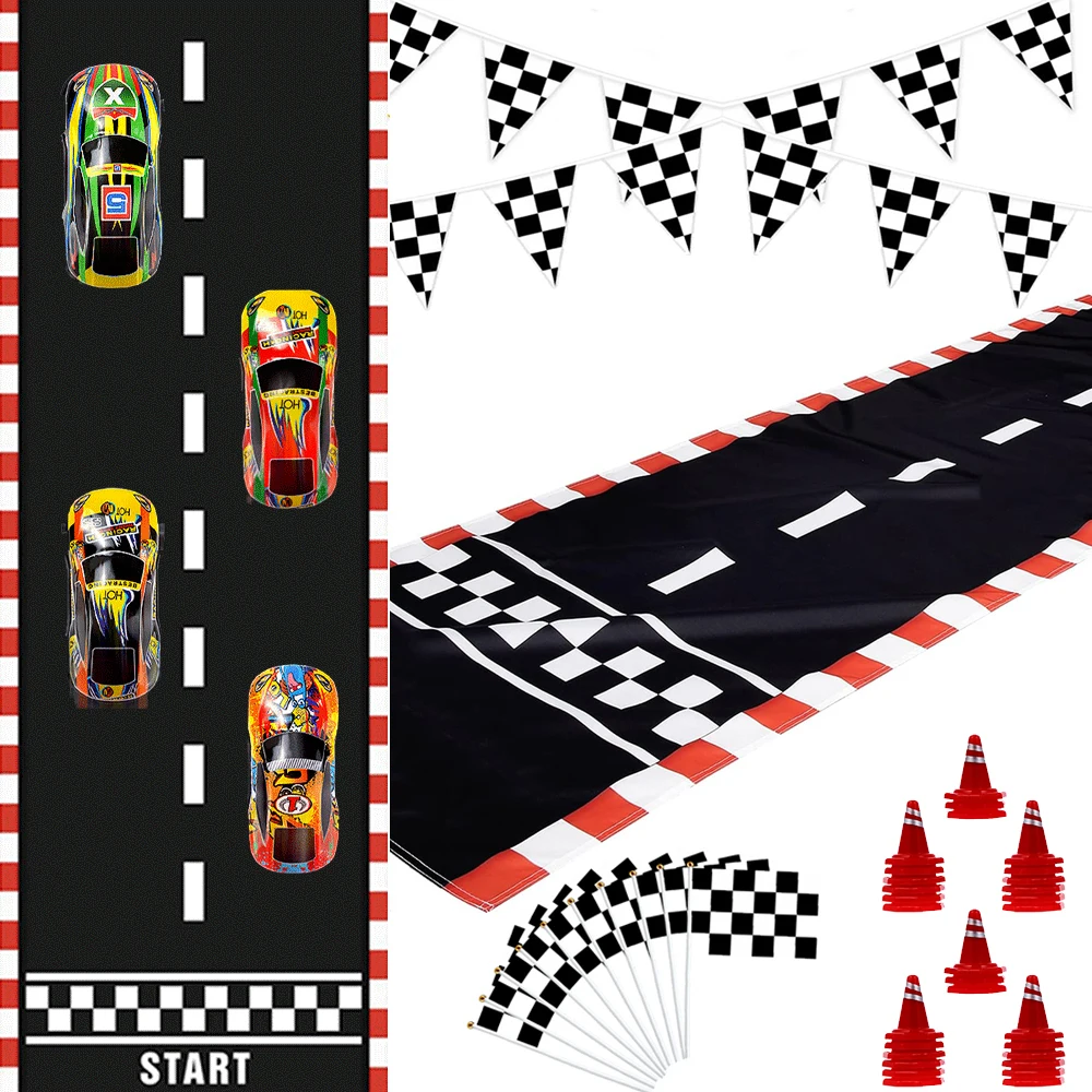 Racing Car Party Racetrack Floor Runner Checkered Pennant Race Flag Mini Traffic Cones Kids Race Car Birthday Decoration Favors