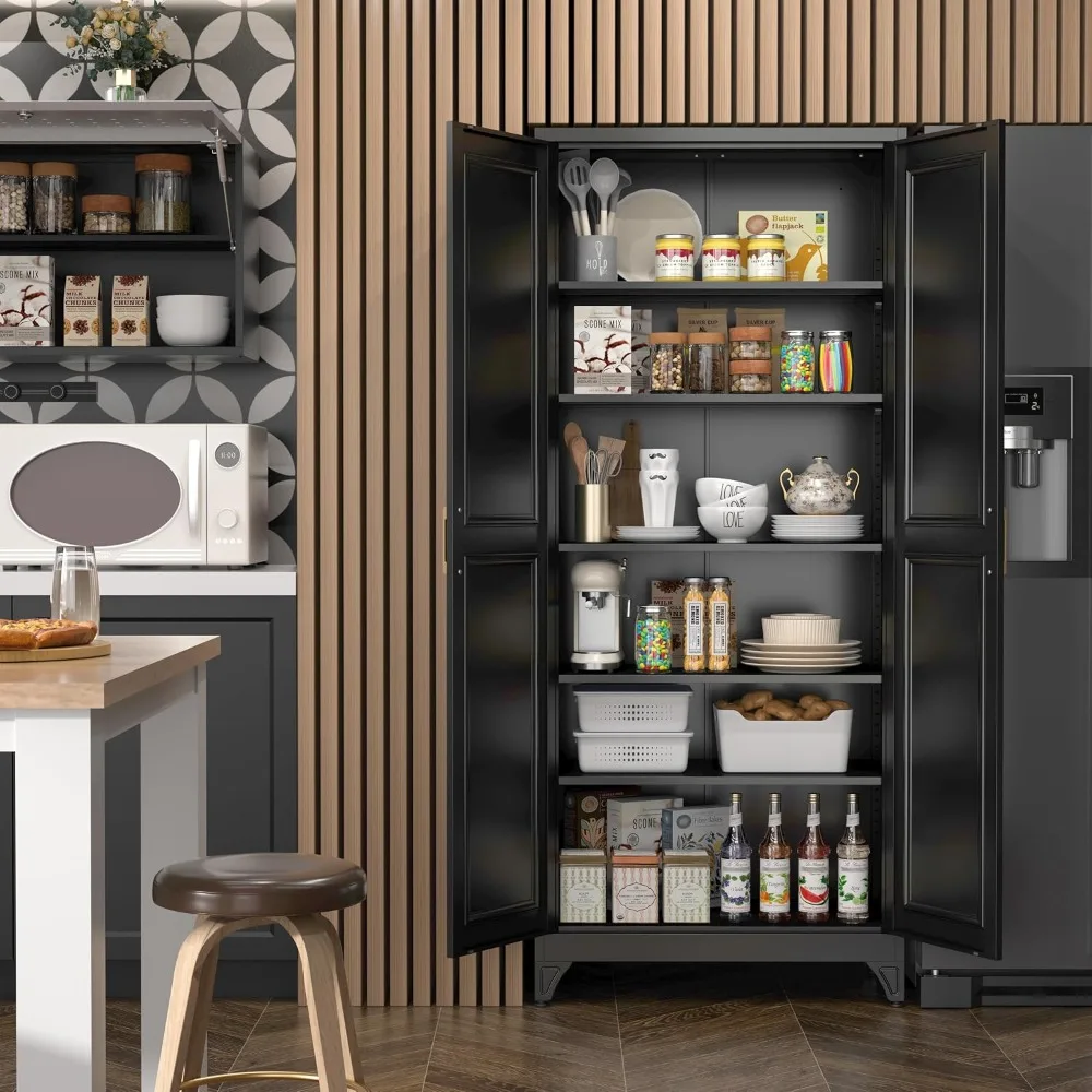 Metal Pantry Storage Cabinet with Doors & 5 Adjustable Shelves for Kitchen, Bathroom, Laundry