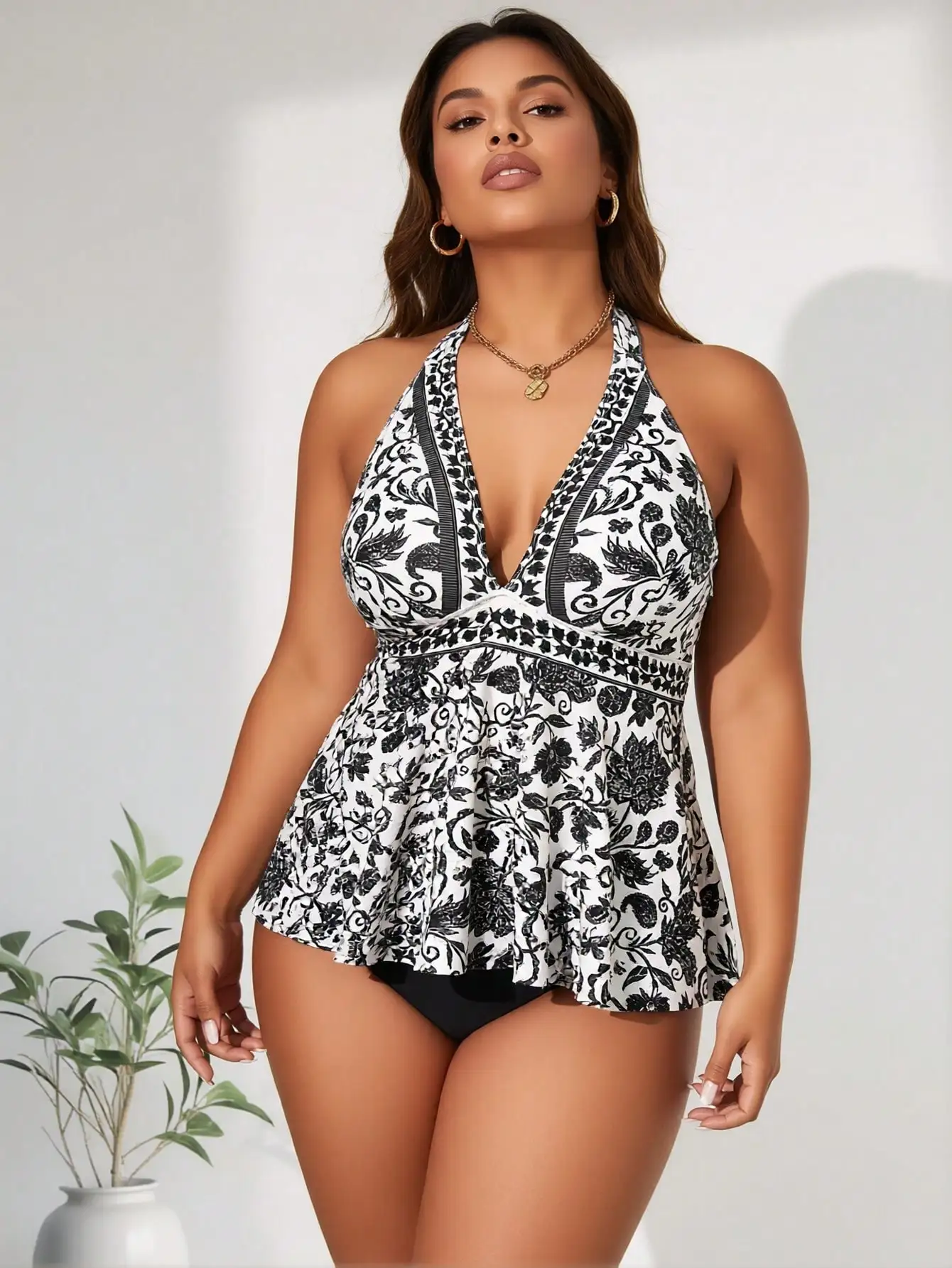 

2026 New Women's Plus Size Swimdress: Black & White Floral Print, Halter Neck, Ruffled Hem, Tummy Control, Modest Style