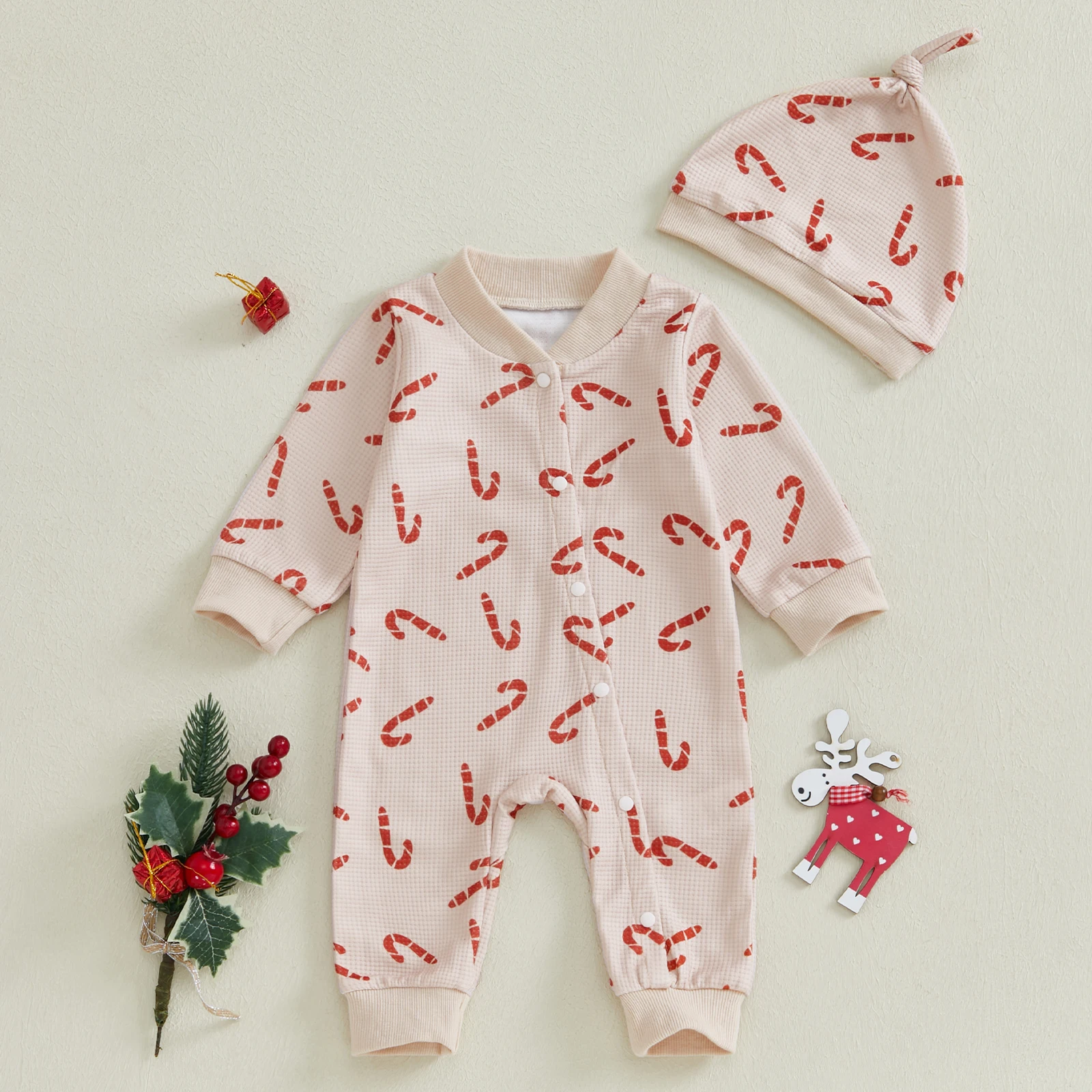 BeQeuewll Baby Girls Boys Full Length Romper Christmas Newborn Clothes Candy Cane Print Long Sleeve Infant Jumpsuit with Hat