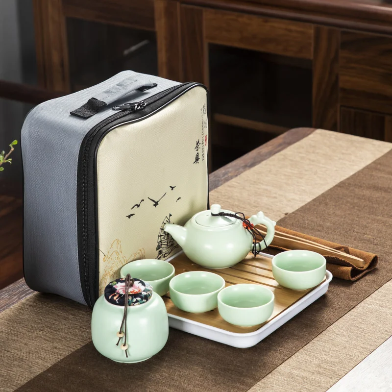 

Travel Tea Cup Set Kung Fu Outdoor Ceramic Teapot Tea Cup Bamboo Tea Tray Set Gifts Box For Customers