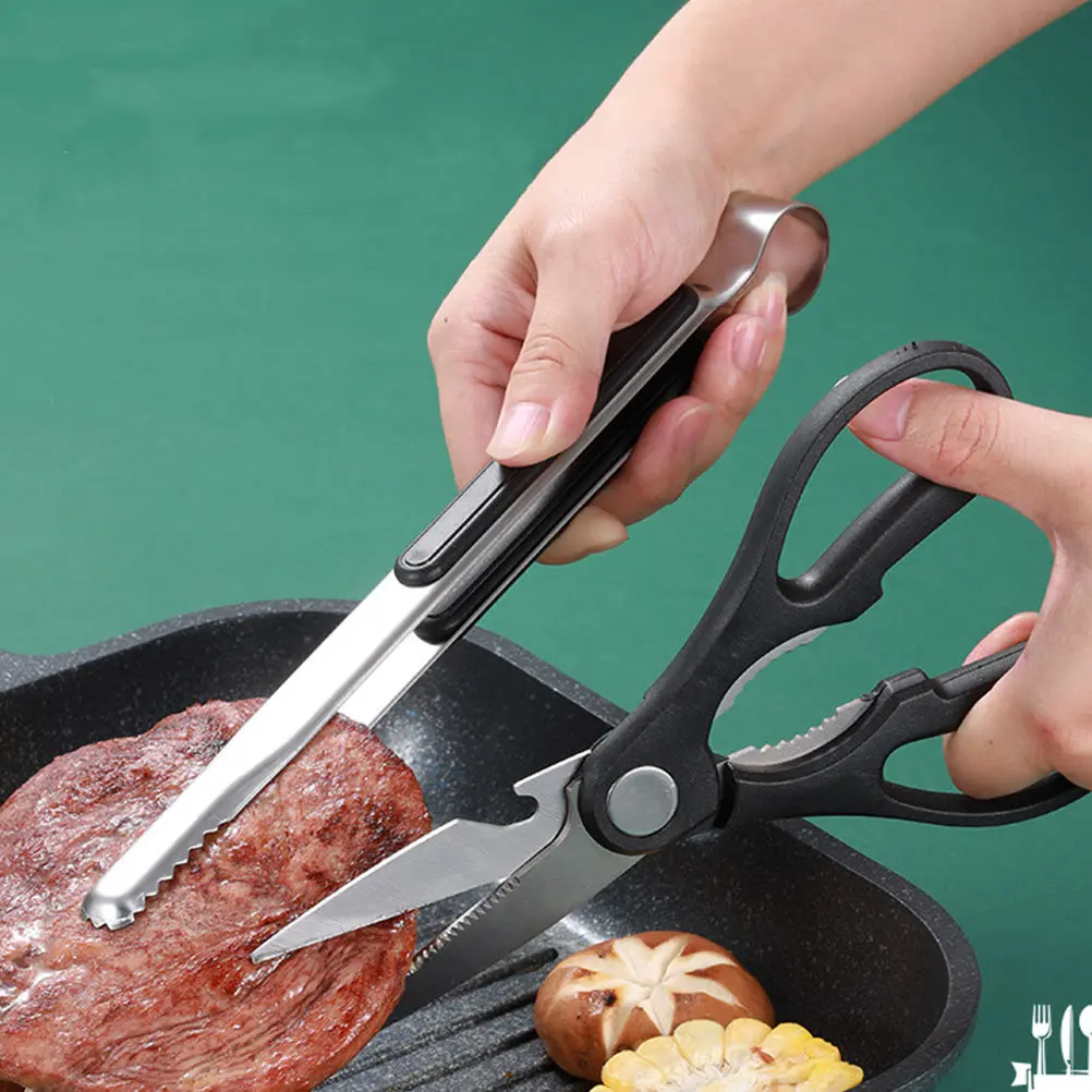 

2pcs Multipurpose Bbq Clamp Stainless Steel Food Tong Serrated Design Kitchenware Clip For Barbecue Buffet Party Use