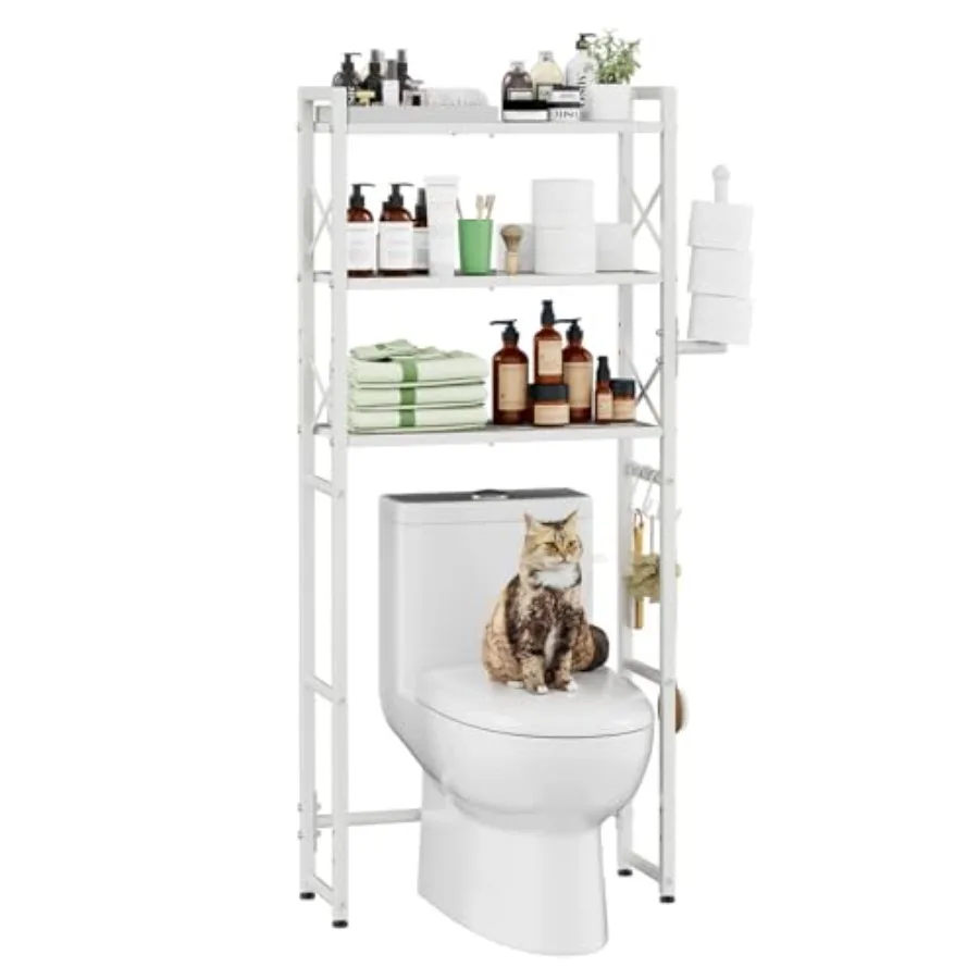 Over The Toilet Storage Rack with Toilet Paper Holder, Heavy Duty Metal Bathroom Organizer Shelf with Hooks, White