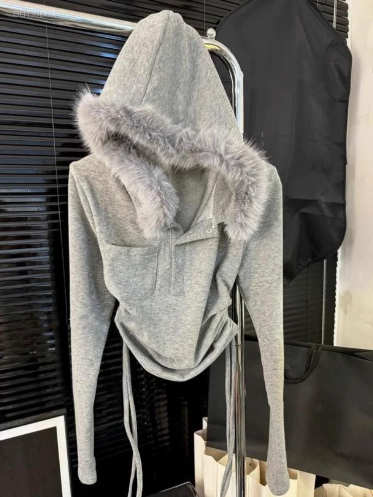 Hooded Fur Collar Women's Hoodies Long Sleeve Sweatshirts Drawstring Ropa Mujer Y2K Roupas Feminina Autumn New Blusa Clothes