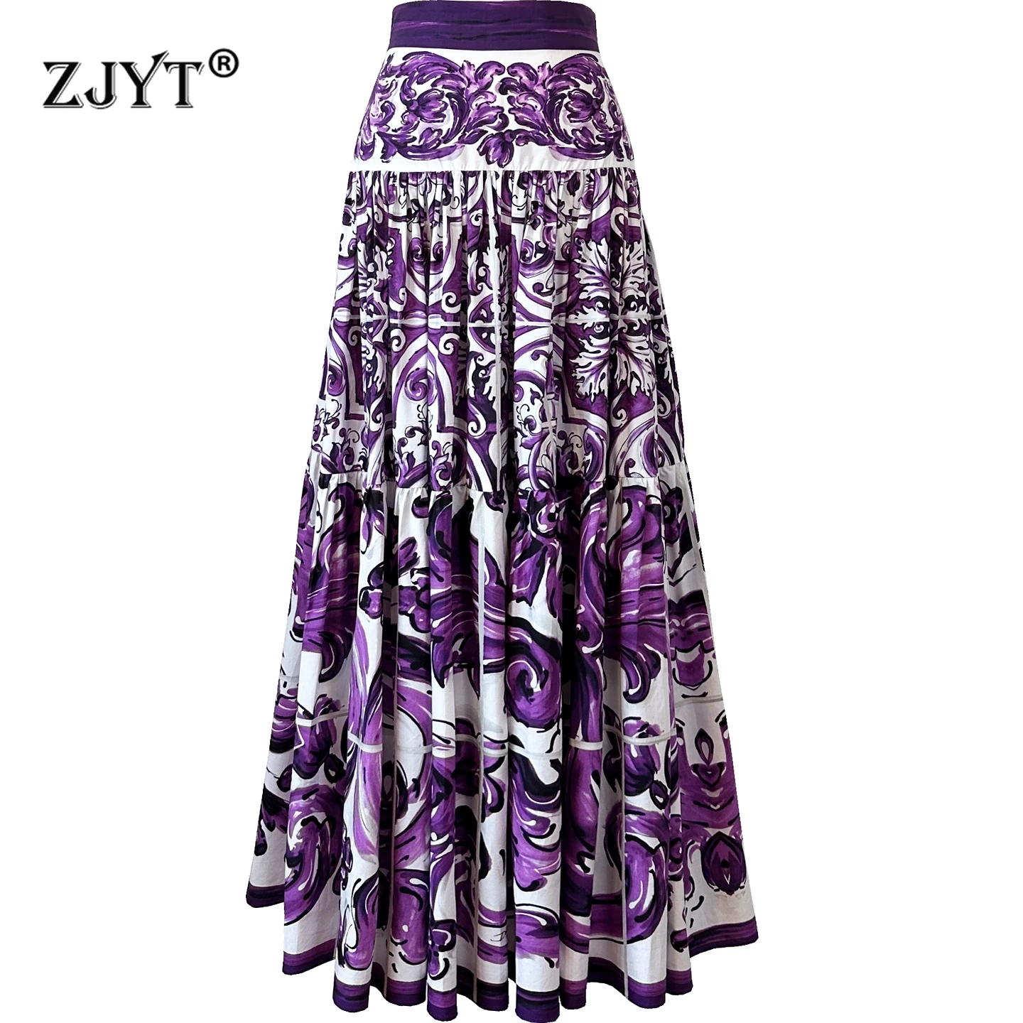 

ZJYT Summer Fashion 100% Cotton Women's Purple Long Maxi Skirts 2025 Runway High Waist Vintage Print Holiday Beach Aline Skirt