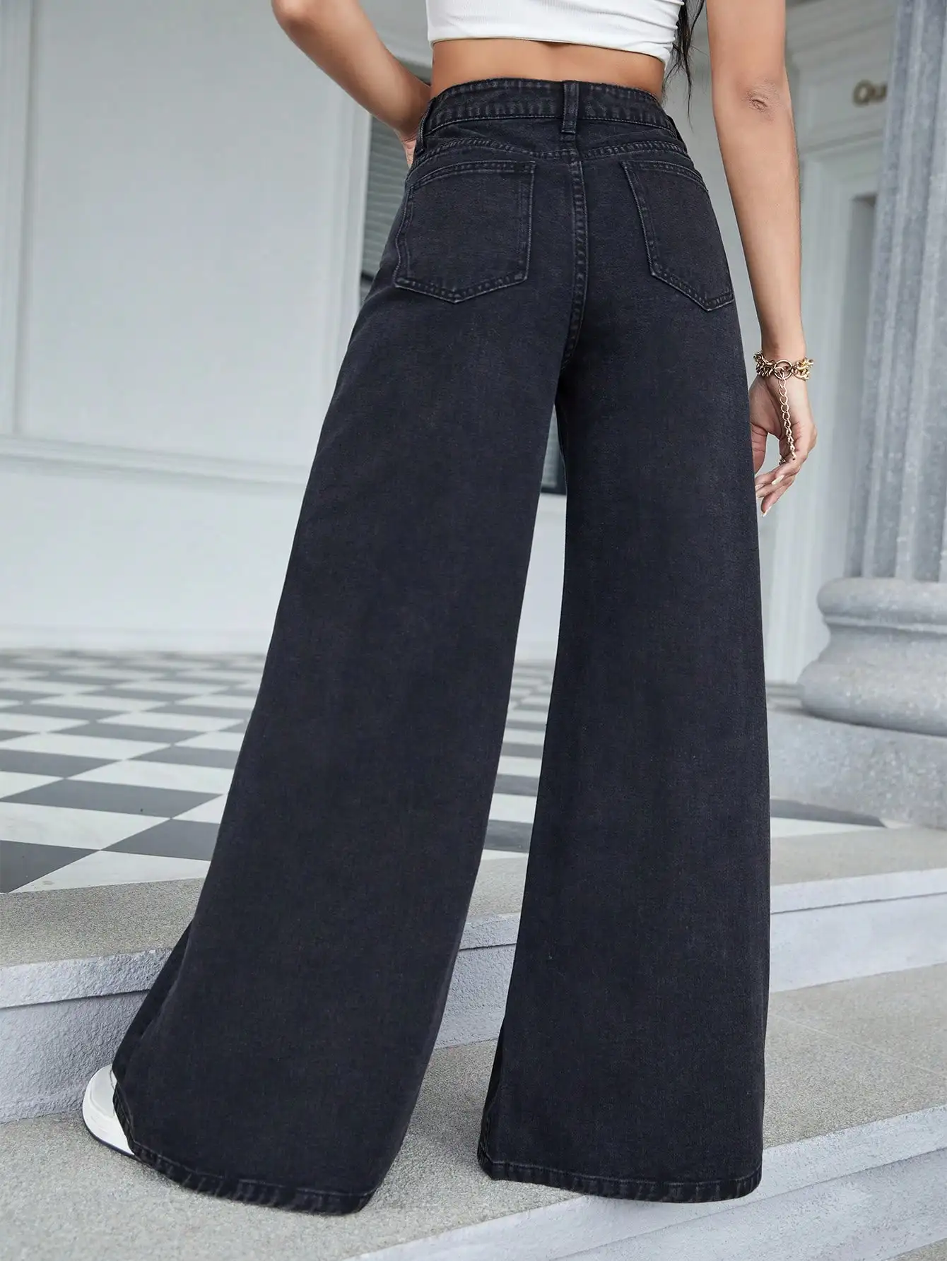 WGXWGX Women's High-Waisted Black Wide-Leg Jeans Loose Fit Cotton Denim Button-Front Full-Length Trendy 2025 Pants