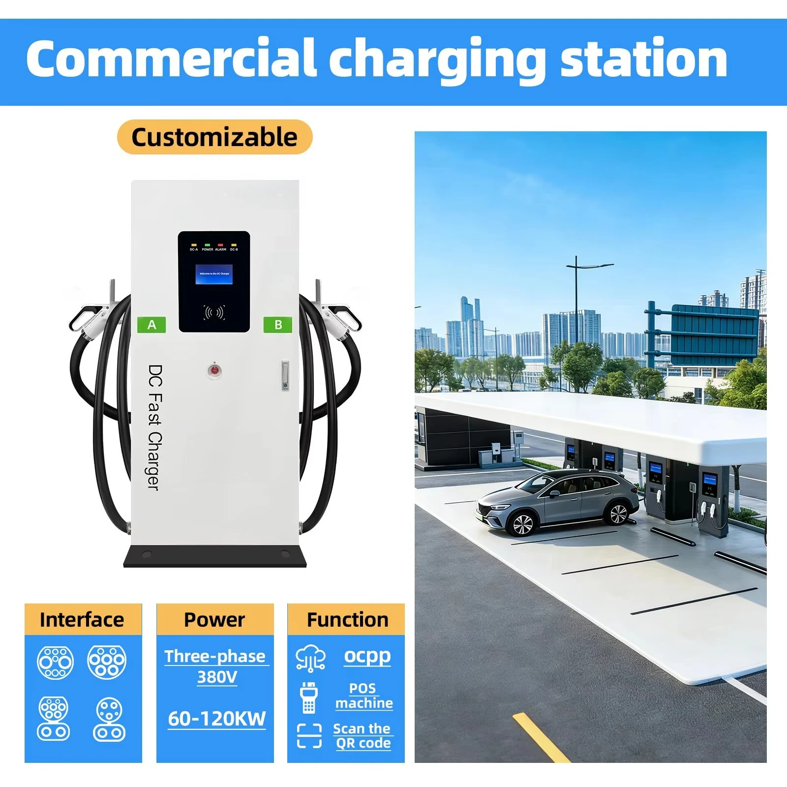 Commercial EV Charging Pile 80kW120KW CCS1 & CCS2 GBT 7inch Touch Screen App Integration OCPP1.6J for Public Fleet Management