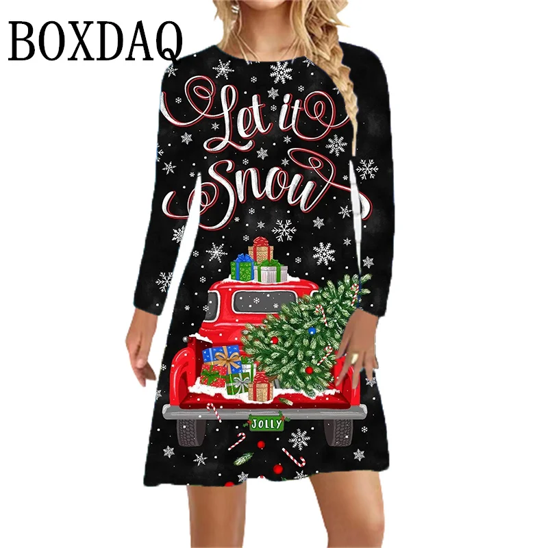 Merry Christmas Letter Print Women Dress New Autumn Long Sleeve O-Neck Loose Casual A-Line Dress Ladies Cute Cartoon Mini Dress