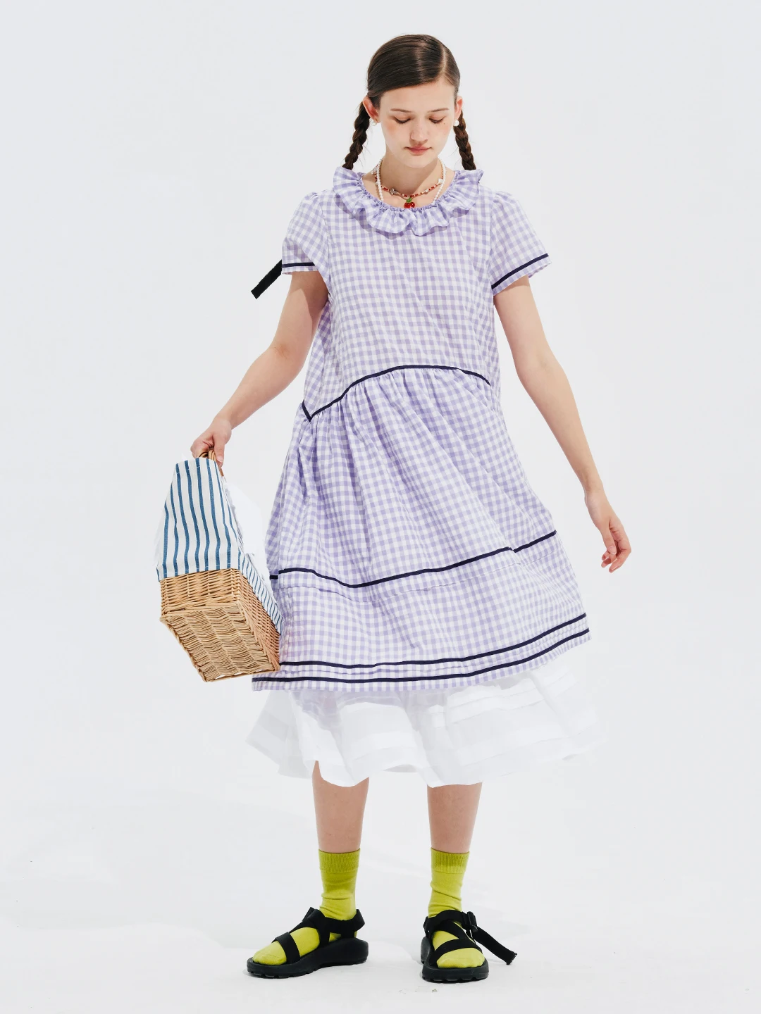 IMAKOKONI original design short-sleeved purple plaid lace stitching summer dress 244657