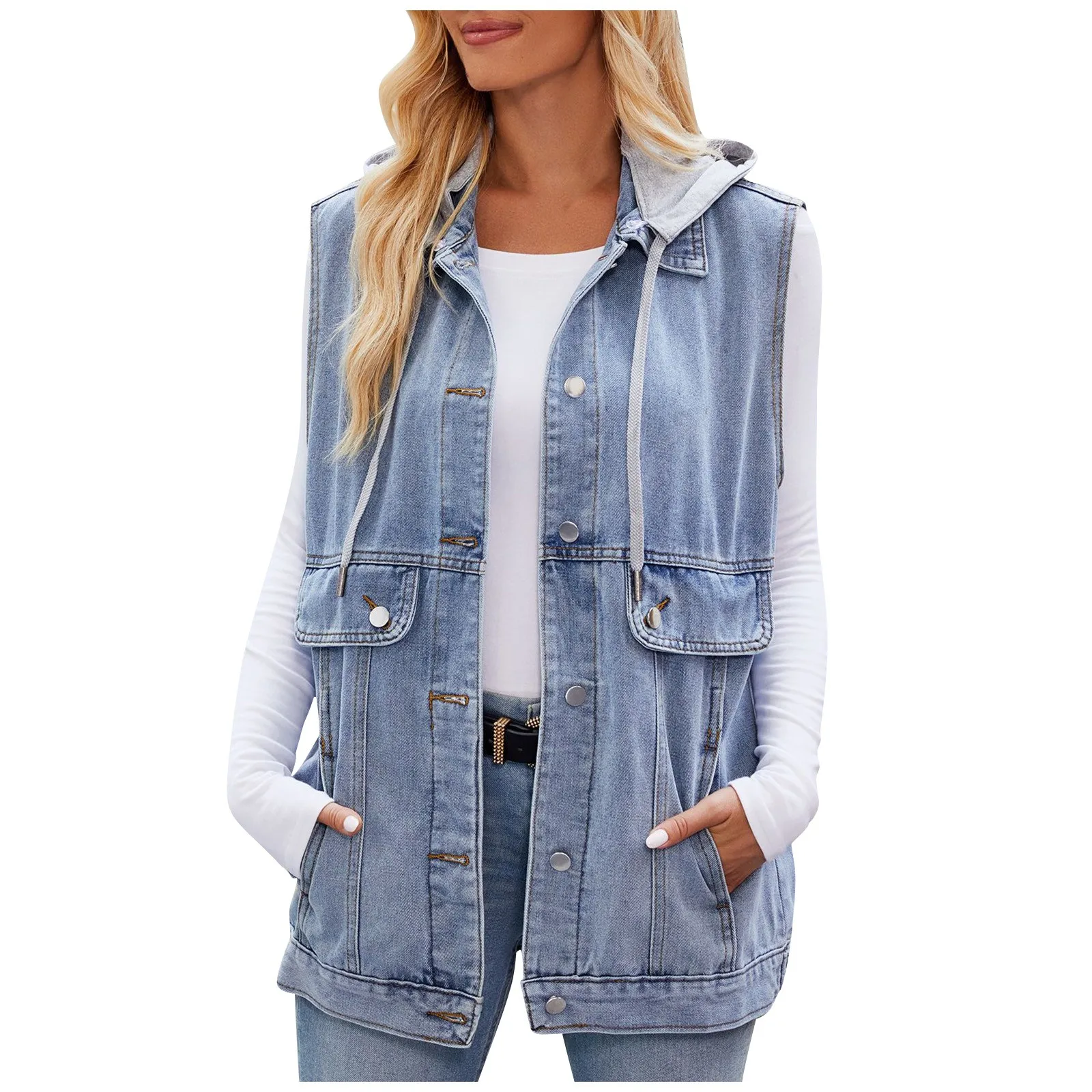 

Женский жилет, куртка без рукавов, однобортное джинсовое пальто, кардиган с капюшоном, однотонные базовые стиральные карманы, свободные пуговицы, завязка на шнурке