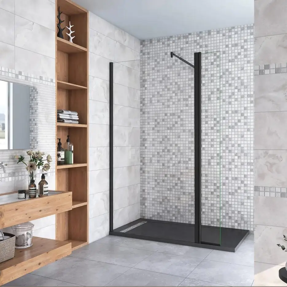 Walk in screen shower Panel 2 sheets fixed Panel + side rotating glass 8mm anti-cut with matte black bar 70-120cm