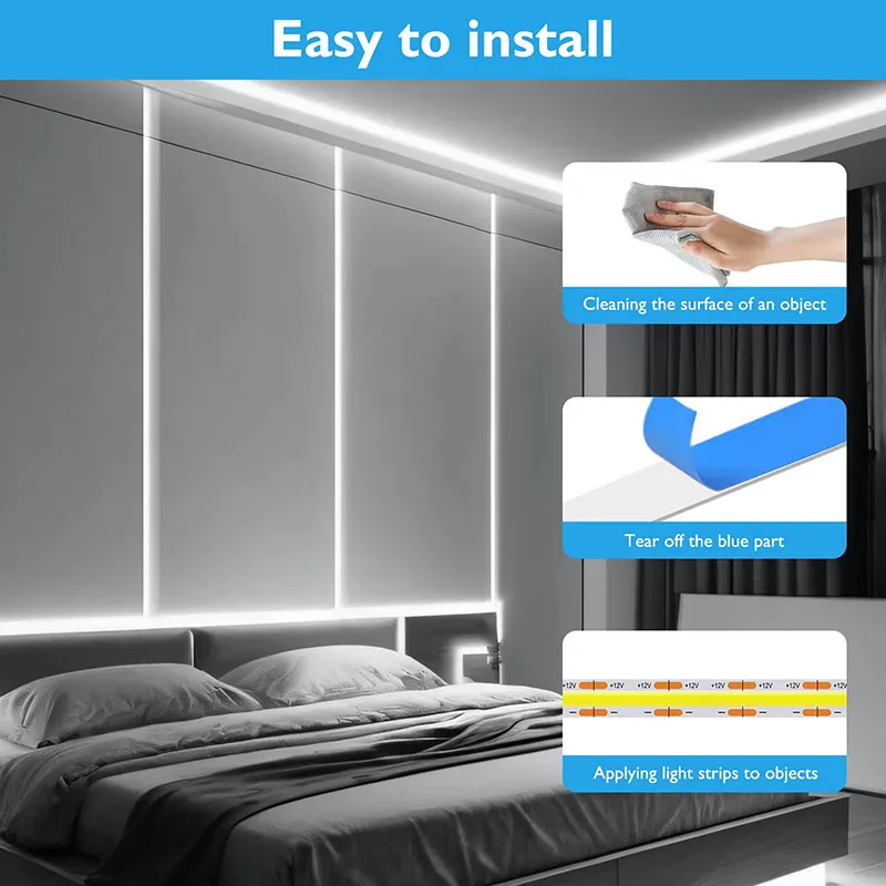 ไฟแถบ LED COB 12V/24V, แผงวงจรพิมพ์ 8 มม., 320 หลอด LED/เมตร, แถบไฟแบบยืดหยุ่นความหนาแน่นสูง เหมาะสำหรับตกแต่งห้องและบ้าน