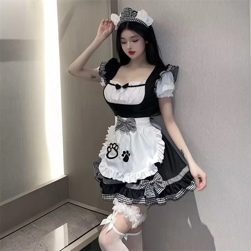 Harajuku Black And Pink Maid Outfit Kawaii Lolita Dress Femme Cos Sweet Girly Cat Bow Suit Birthday Prom Short Dresse Girl Women