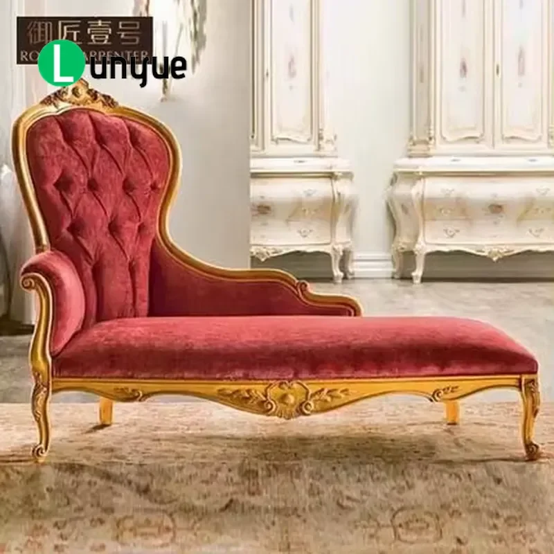 Luxury Italian European French Style Gold Foil Carved Wood Real Fabric Recliner Sofa for Home Living Room Furniture